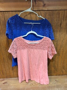 Coldwater Creek Crochet Yoke Short Sleeve Top — Blue & Pink